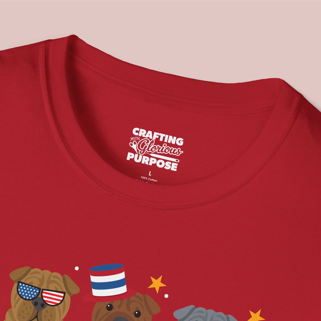 Shar Pei Patriotic Dog Trio T-Shirt — 'Red, White & Woof' Cute America Graphic Tee