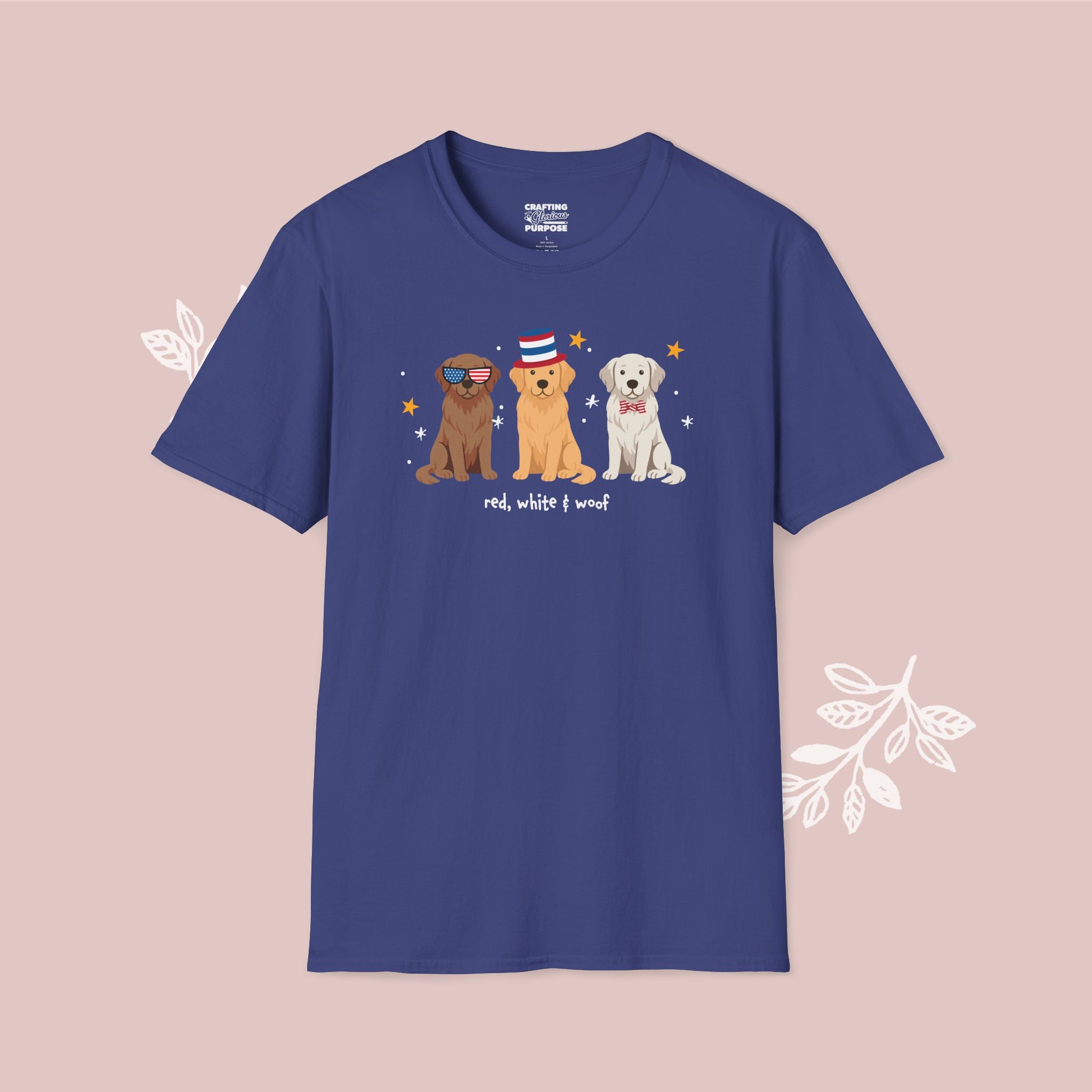 Golden Retriever Patriotic Dog Trio T-Shirt — 'Red, White & Woof' Cute America Graphic Tee