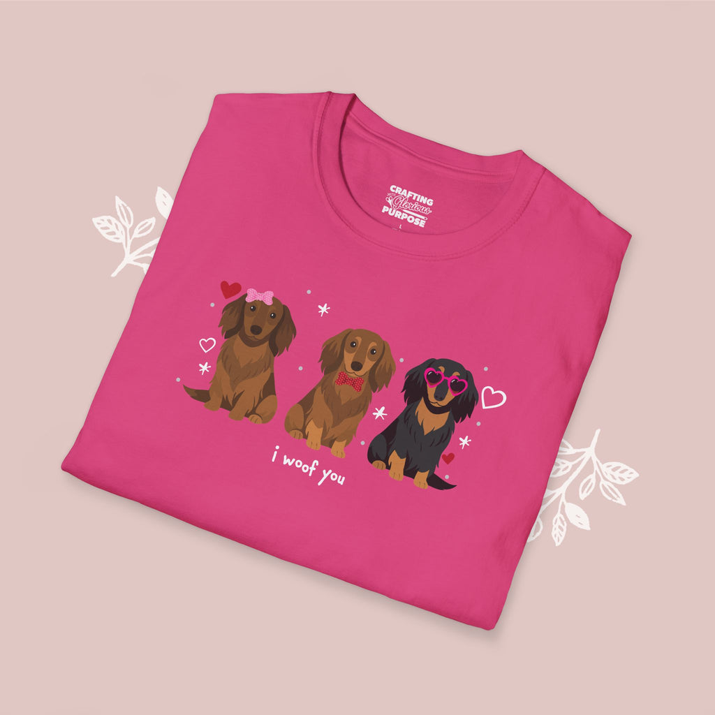 I Woof You Cute Dachshund (Long Haired) Trio Dog Tee — Valentine's T-Shirt