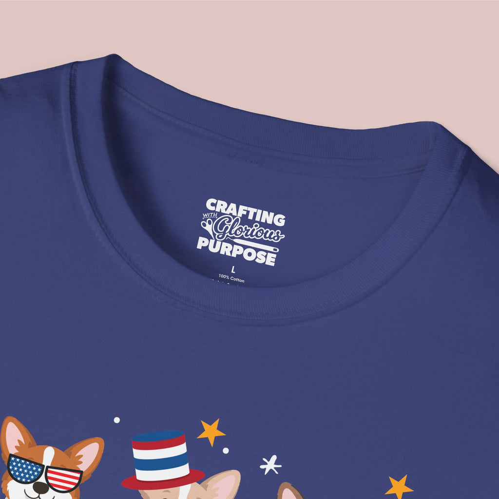 Corgi Patriotic Dog Trio T-Shirt — 'Red, White & Woof' Cute America Graphic Tee