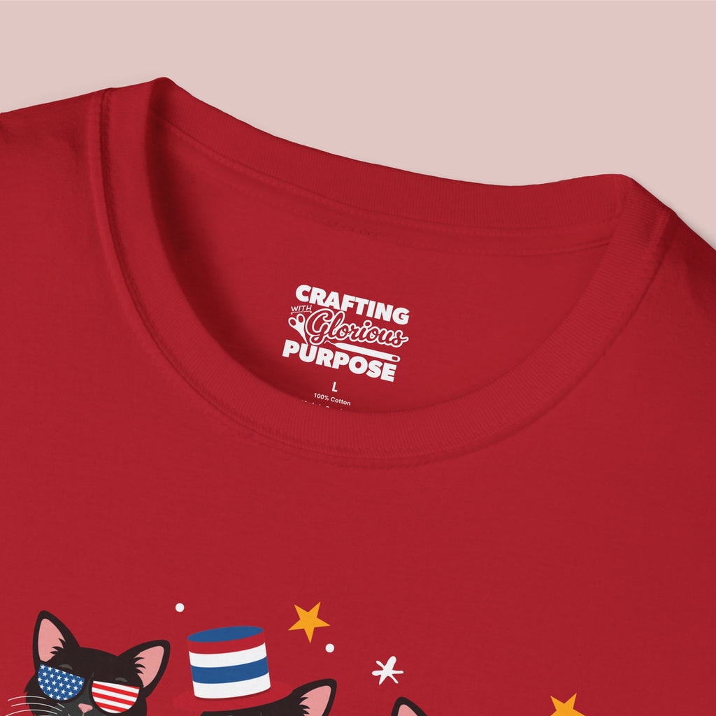 Red t-shirt with a graphic design and text on a pink background