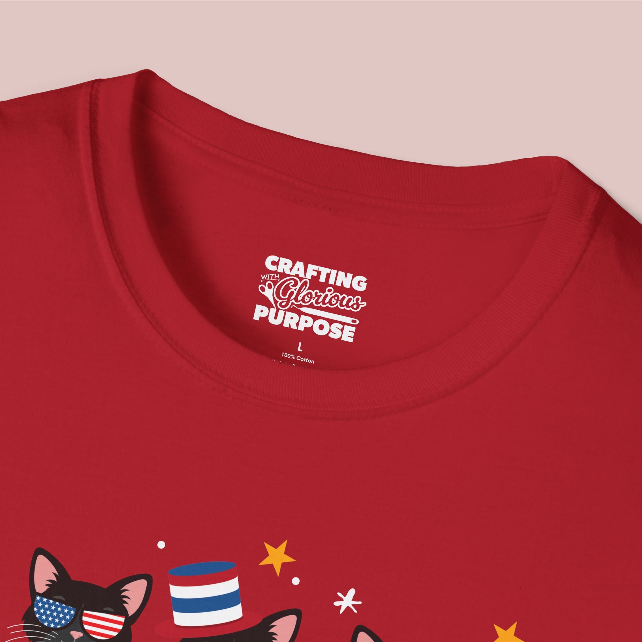 Red t-shirt with a graphic design and text on a pink background
