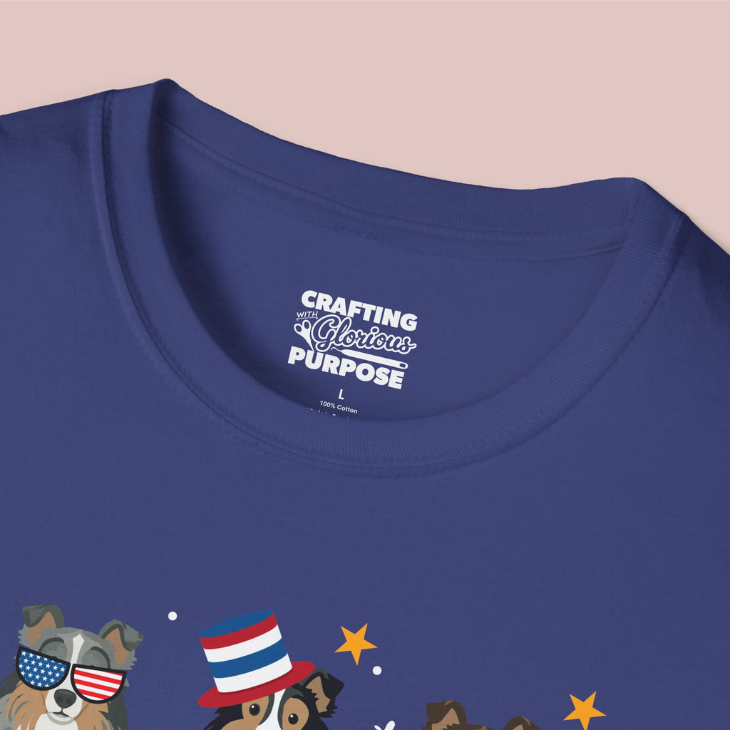 Shetland Sheepdog Patriotic Dog Trio T-Shirt — 'Red, White & Woof' Cute America Graphic Tee