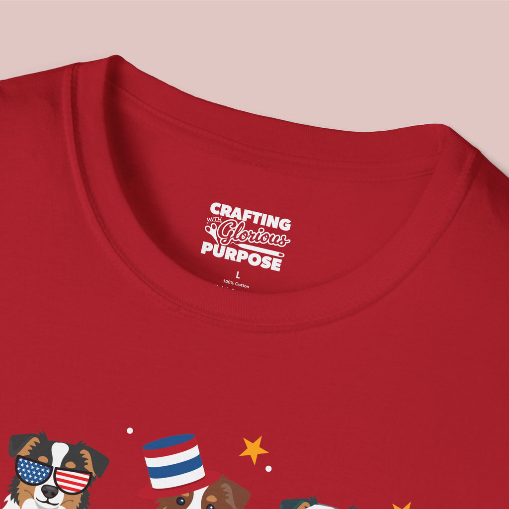 Mini Aussie Patriotic Dog Trio T-Shirt — 'Red, White & Woof' Cute America Graphic Tee