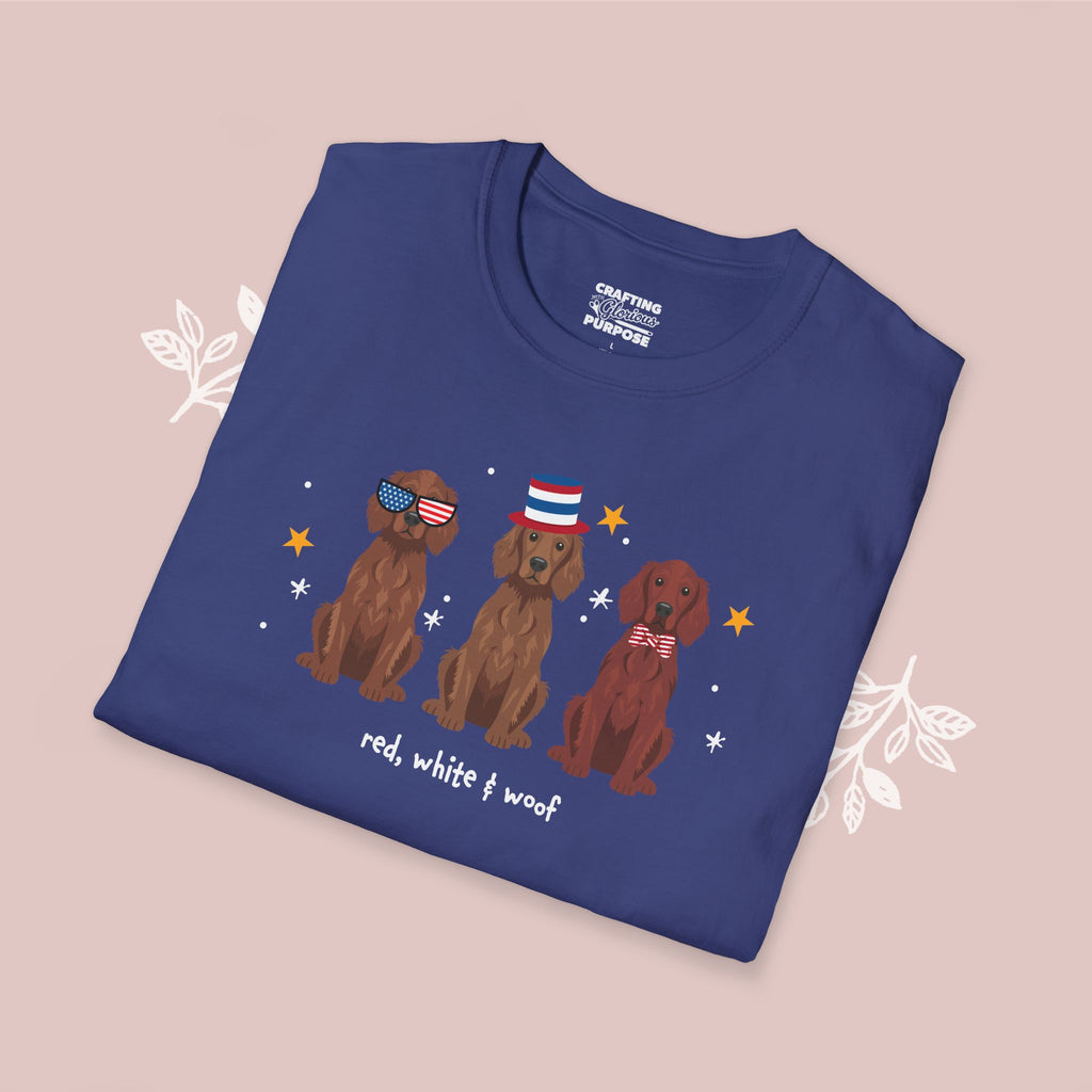 Irish Setter Patriotic Dog Trio T-Shirt — 'Red, White & Woof' Cute America Graphic Tee