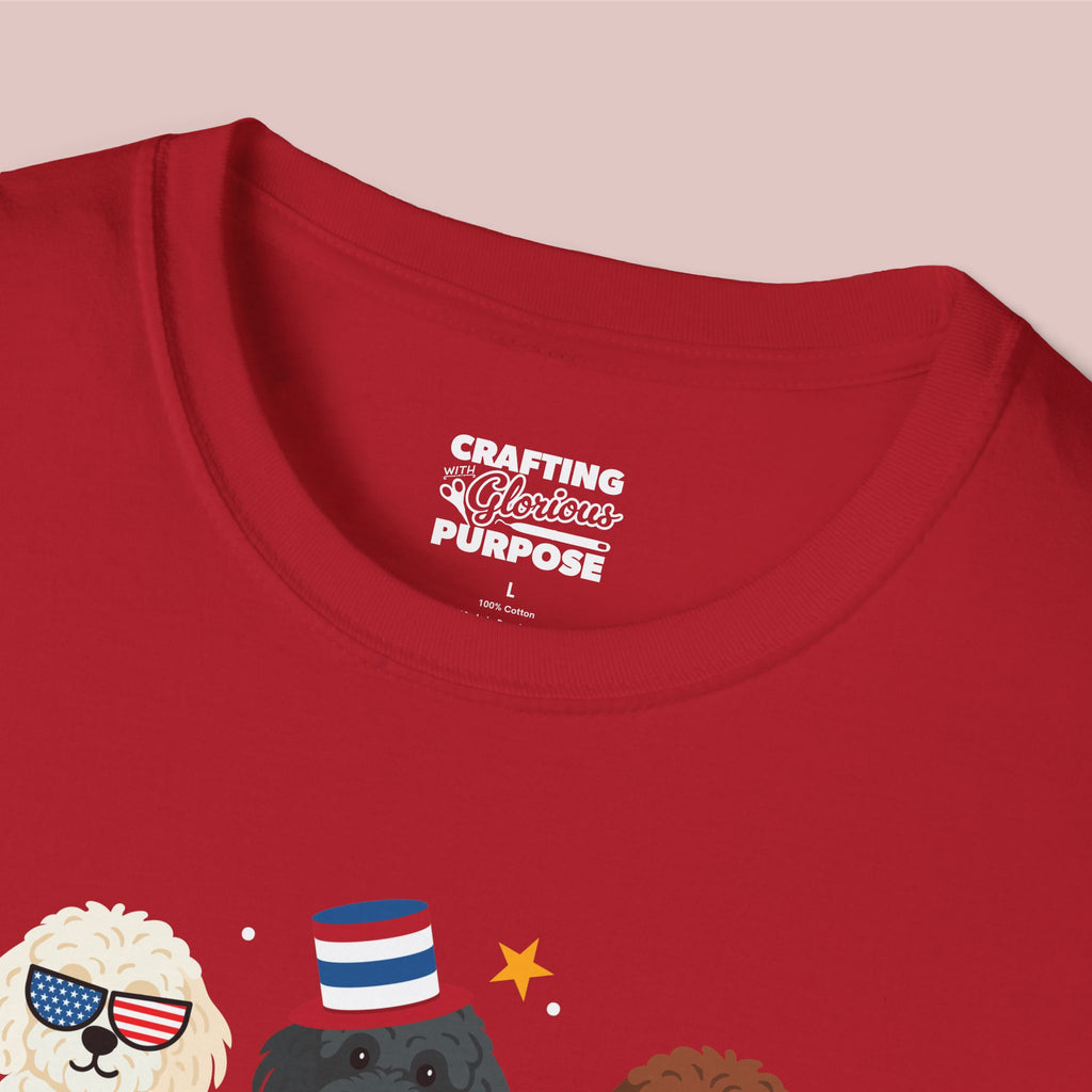 Cockapoo Patriotic Dog Trio T-Shirt — 'Red, White & Woof' Cute America Graphic Tee