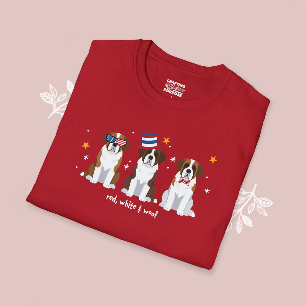 Saint Bernard Patriotic Dog Trio T-Shirt — 'Red, White & Woof' Cute America Graphic Tee