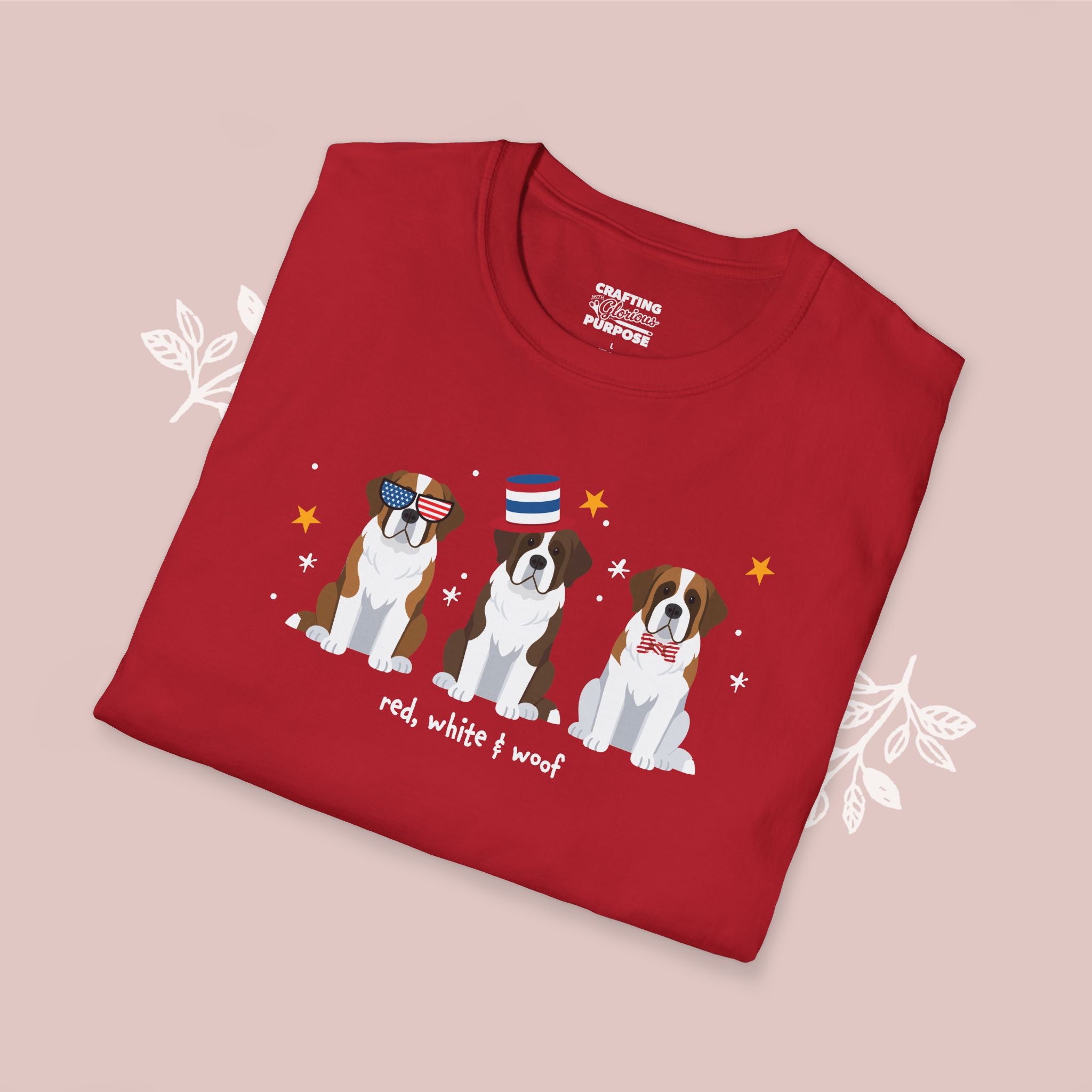 Saint Bernard Patriotic Dog Trio T-Shirt — 'Red, White & Woof' Cute America Graphic Tee