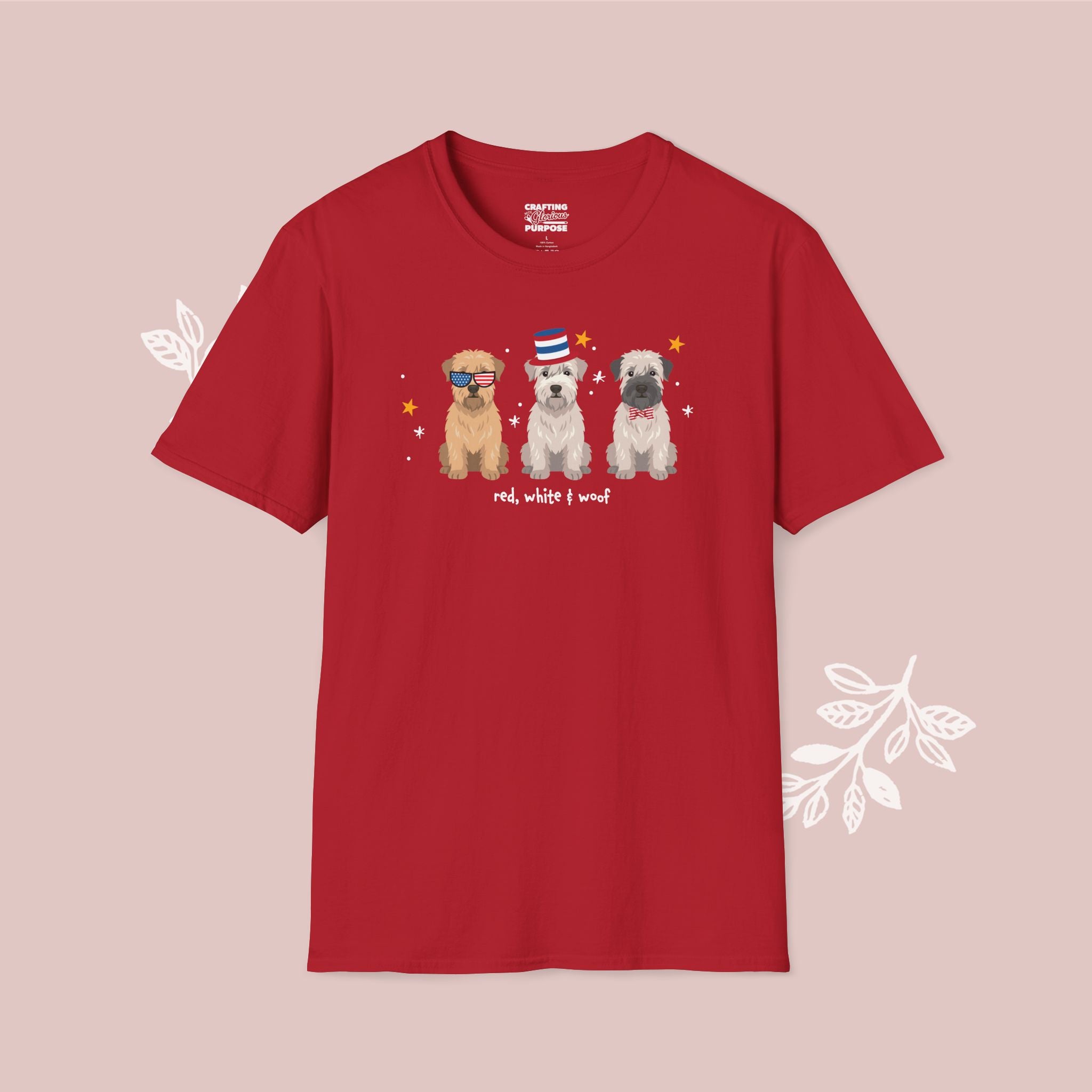 Wheaten Terrier Patriotic Dog Trio T-Shirt — 'Red, White & Woof' Cute America Graphic Tee