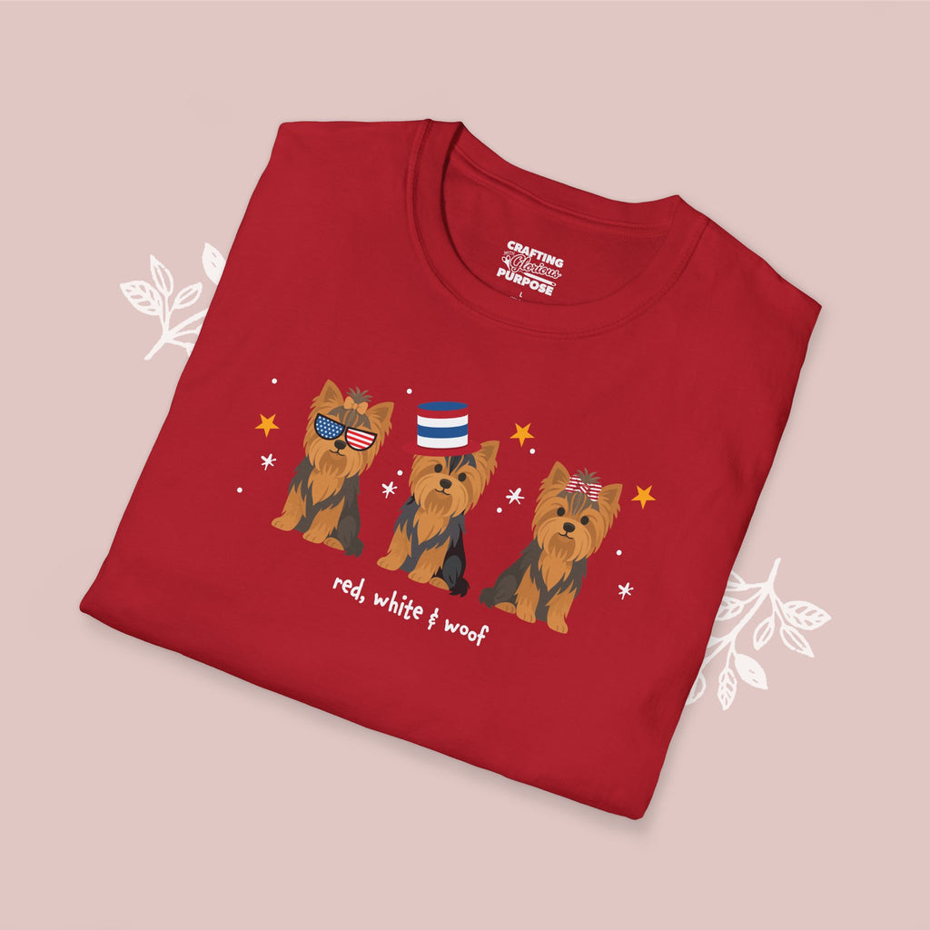 Yorkshire Terrier Patriotic Dog Trio T-Shirt — 'Red, White & Woof' Cute America Graphic Tee