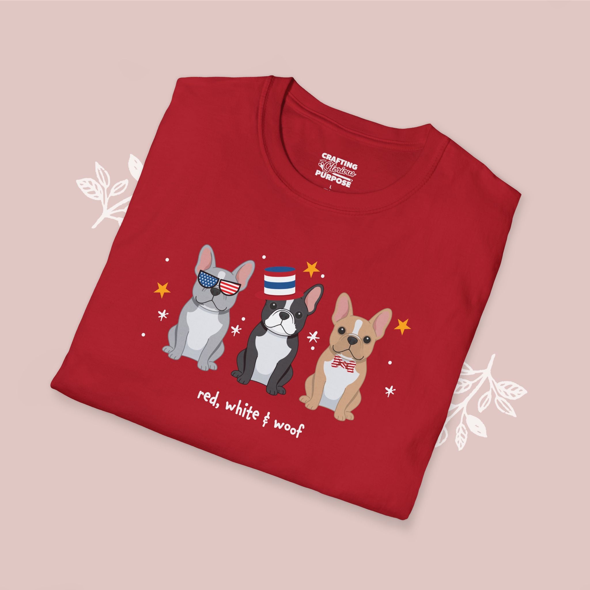 French Bulldog Patriotic Dog Trio T-Shirt — 'Red, White & Woof' Cute America Graphic Tee