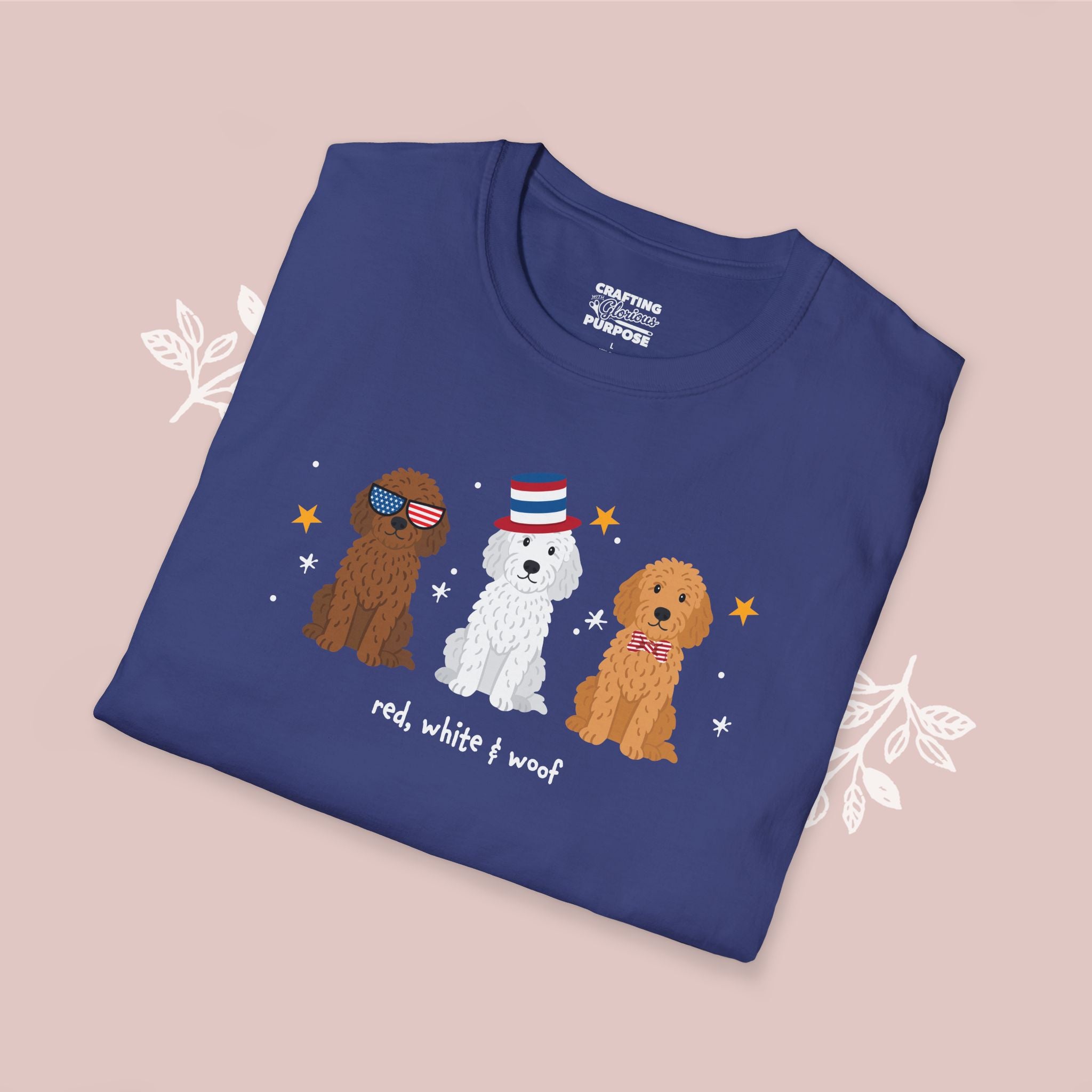 Goldendoodle Patriotic Dog Trio T-Shirt — 'Red, White & Woof' Cute America Graphic Tee