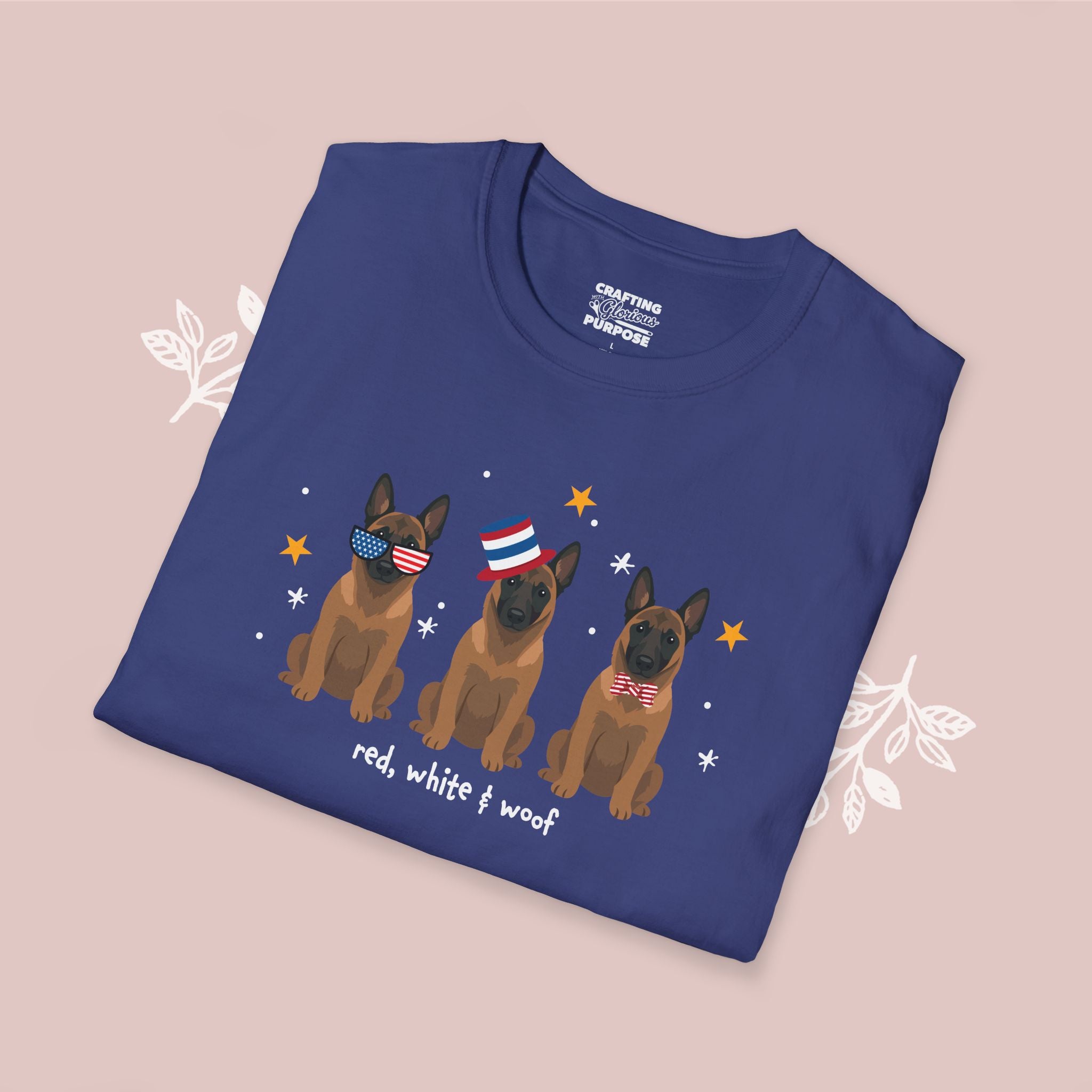 Belgian Malinois Patriotic Dog Trio T-Shirt — 'Red, White & Woof' Cute America Graphic Tee