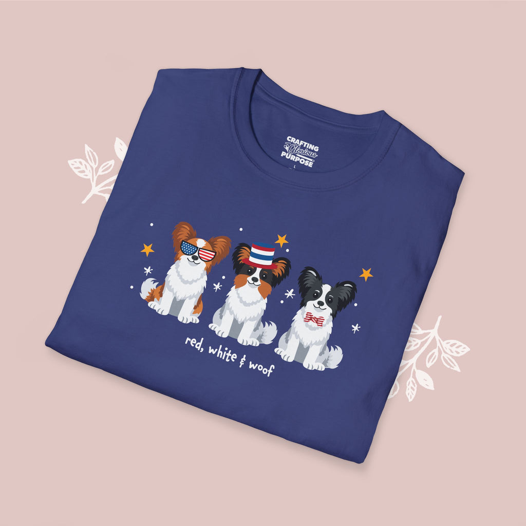 Papillon Patriotic Dog Trio T-Shirt — 'Red, White & Woof' Cute America Graphic Tee