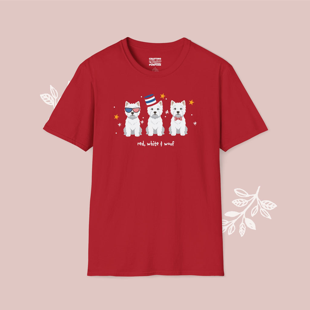West Highland Terrier Patriotic Dog Trio T-Shirt — 'Red, White & Woof' Cute America Graphic Tee