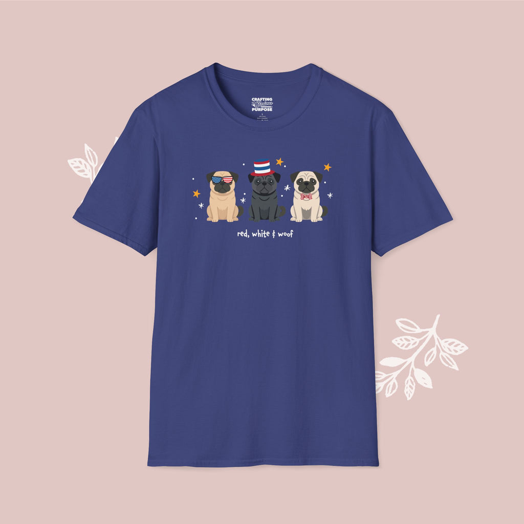 Pug Patriotic Dog Trio T-Shirt — 'Red, White & Woof' Cute America Graphic Tee