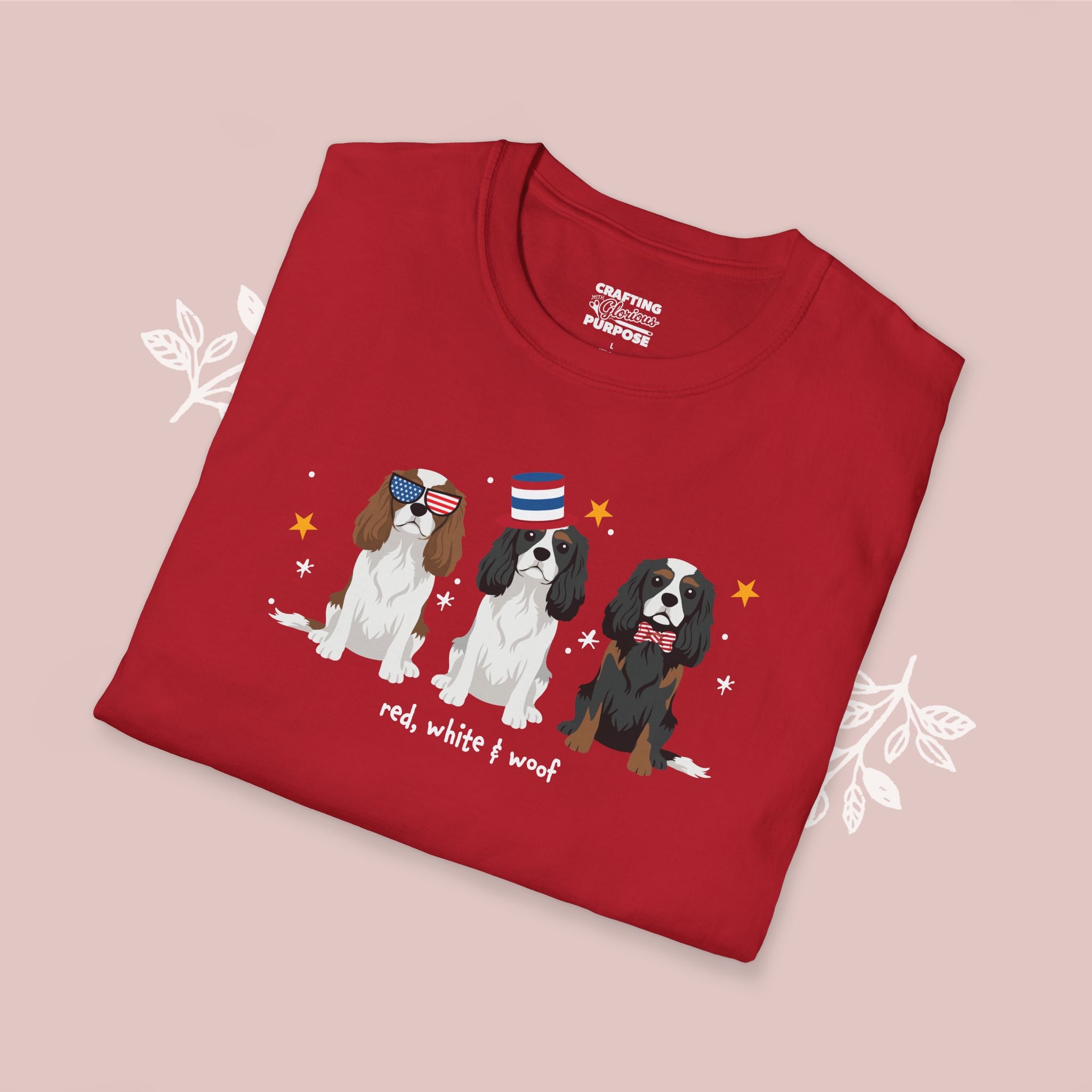 Cavalier King Charles Patriotic Dog Trio T-Shirt — 'Red, White & Woof' Cute America Graphic Tee
