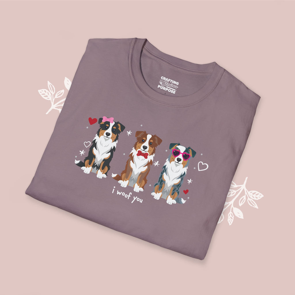 I Woof You Cute Mini Aussie Trio Dog Tee — Valentine's T-Shirt
