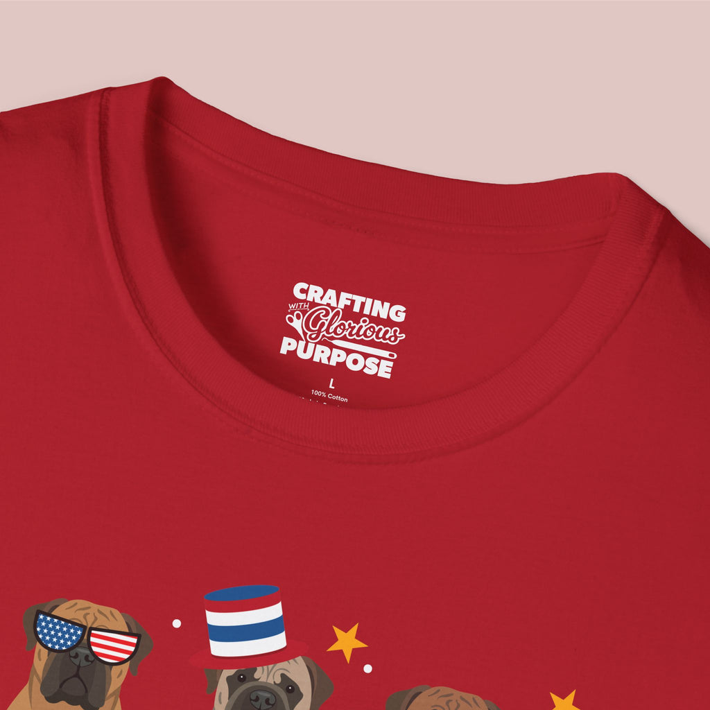 Bullmastiff Patriotic Dog Trio T-Shirt — 'Red, White & Woof' Cute America Graphic Tee