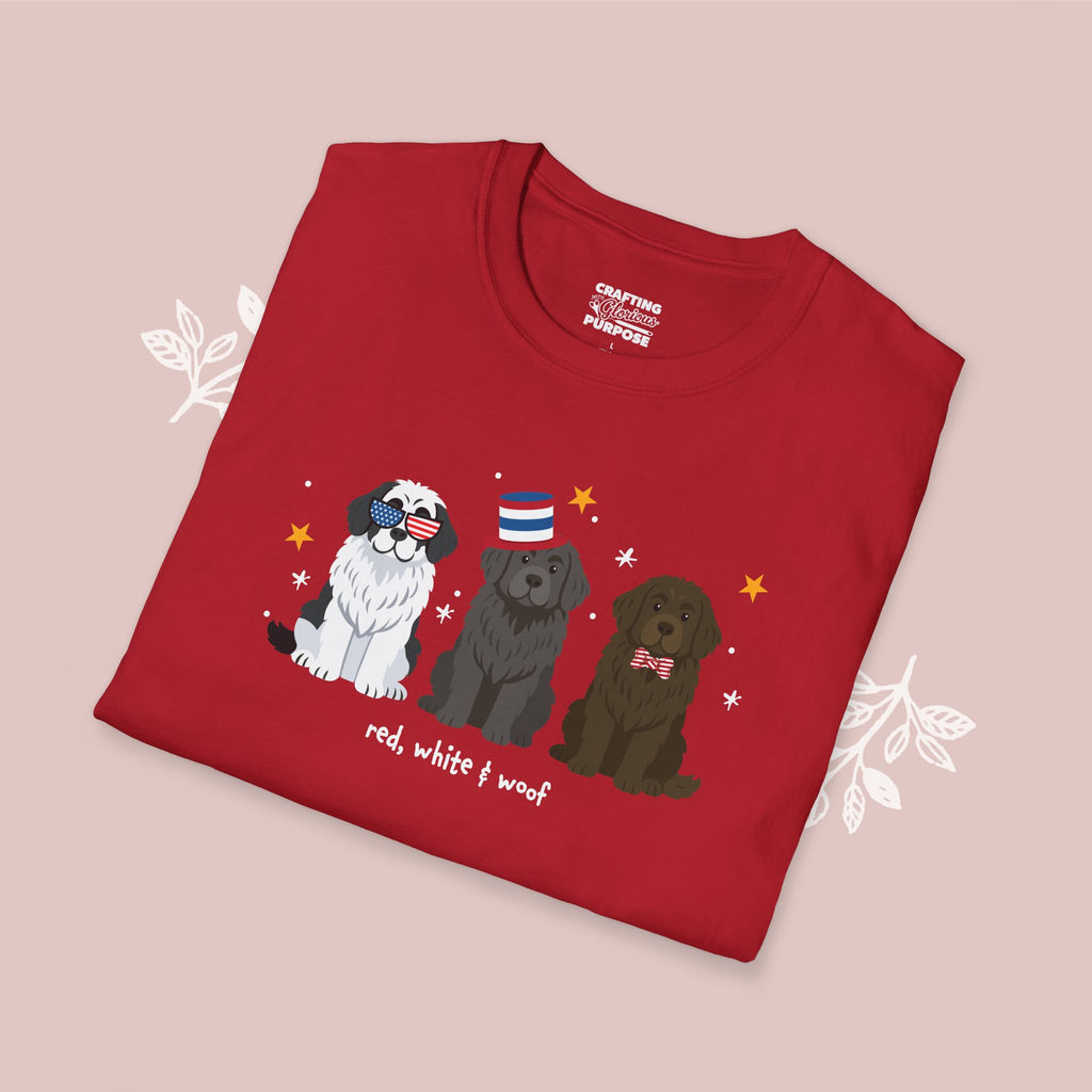 Newfoundland Patriotic Dog Trio T-Shirt — 'Red, White & Woof' Cute America Graphic Tee