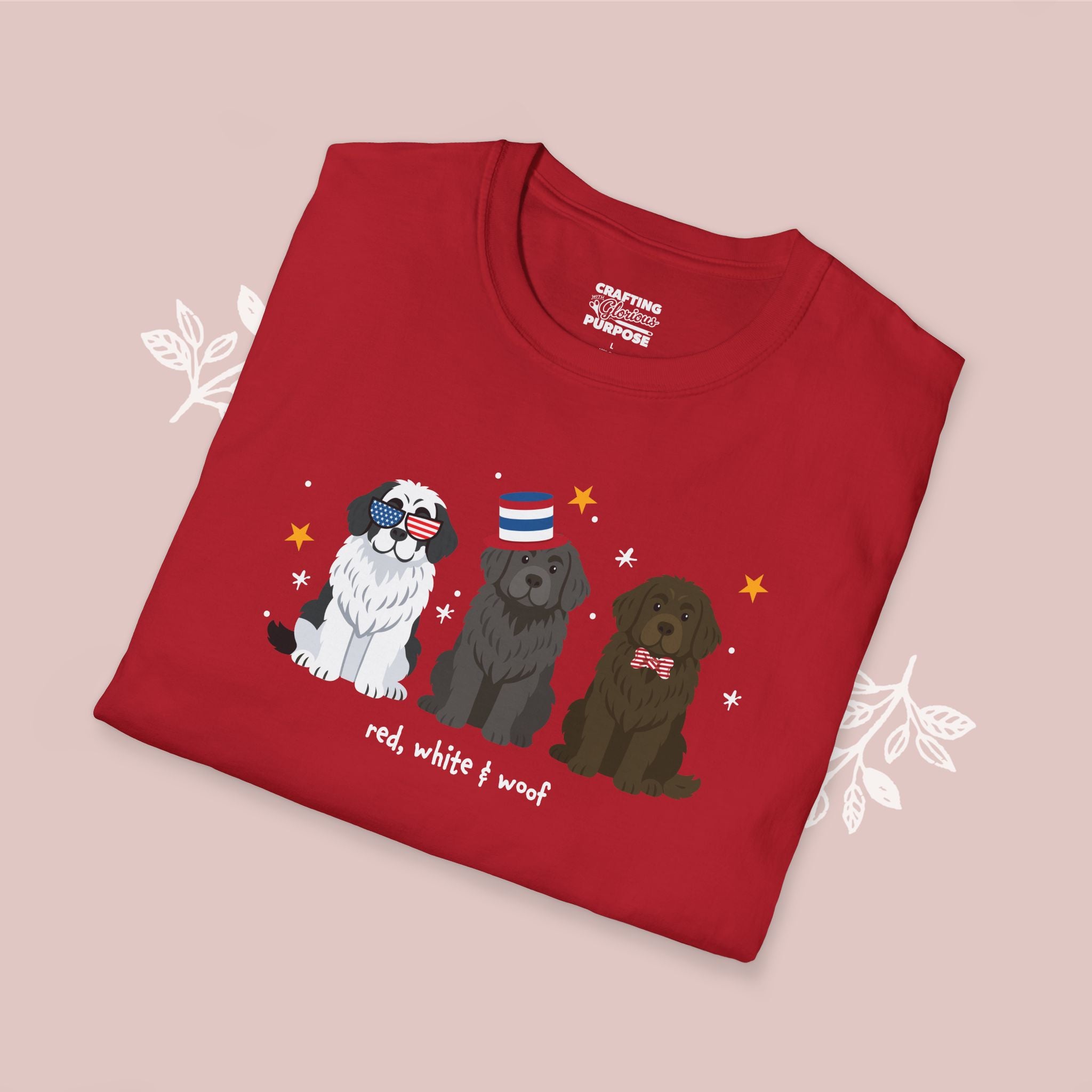 Newfoundland Patriotic Dog Trio T-Shirt — 'Red, White & Woof' Cute America Graphic Tee
