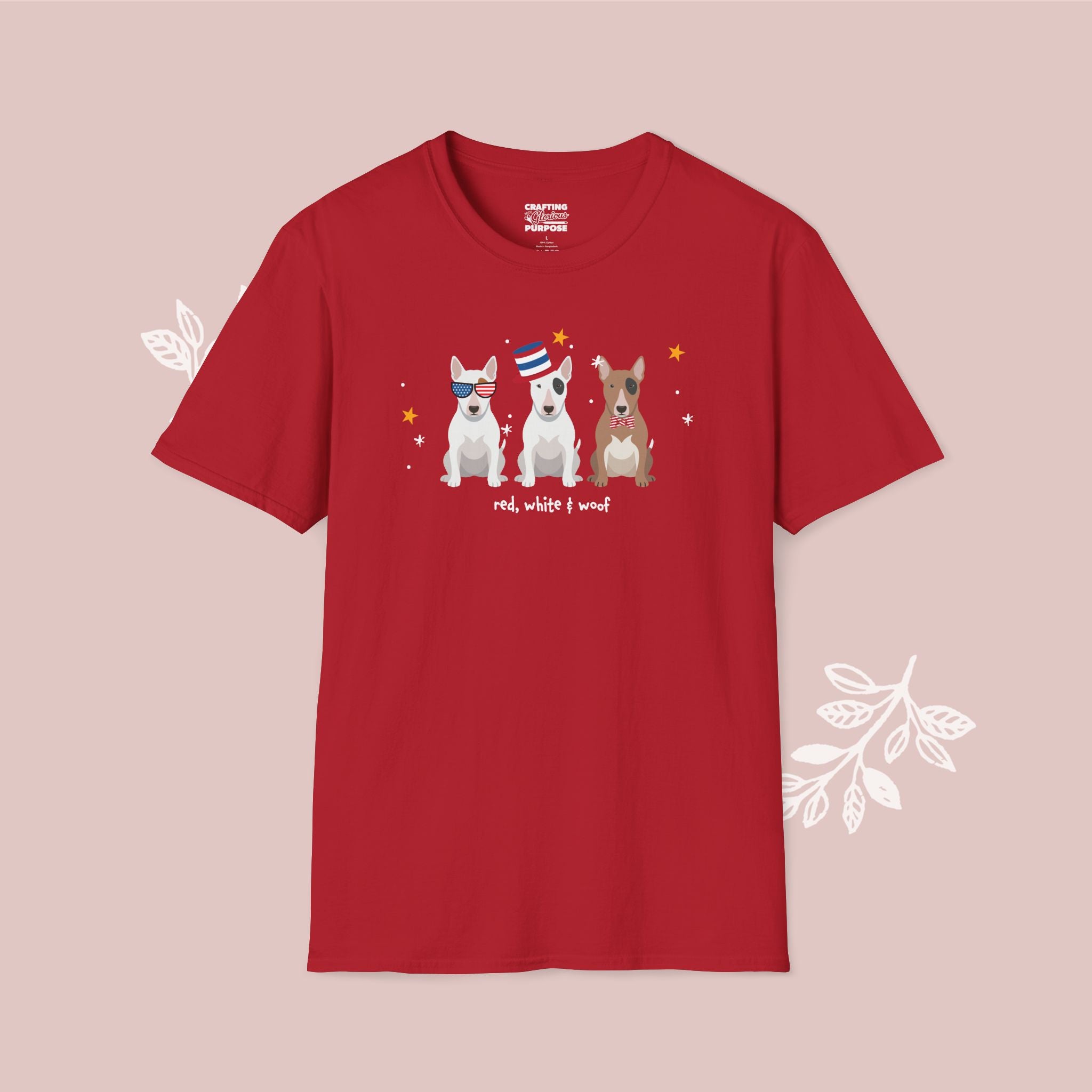 Bull Terrier Patriotic Dog Trio T-Shirt — 'Red, White & Woof' Cute America Graphic Tee