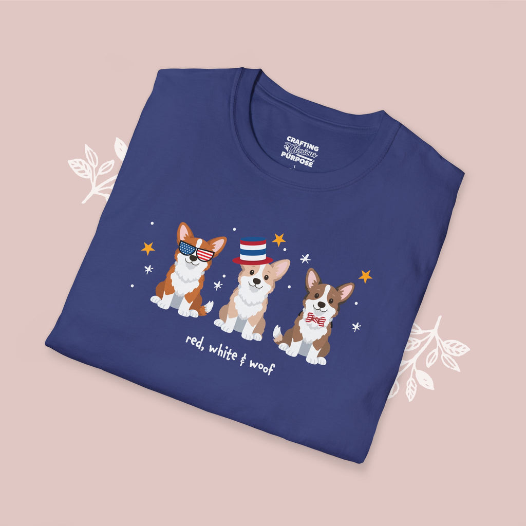Corgi Patriotic Dog Trio T-Shirt — 'Red, White & Woof' Cute America Graphic Tee