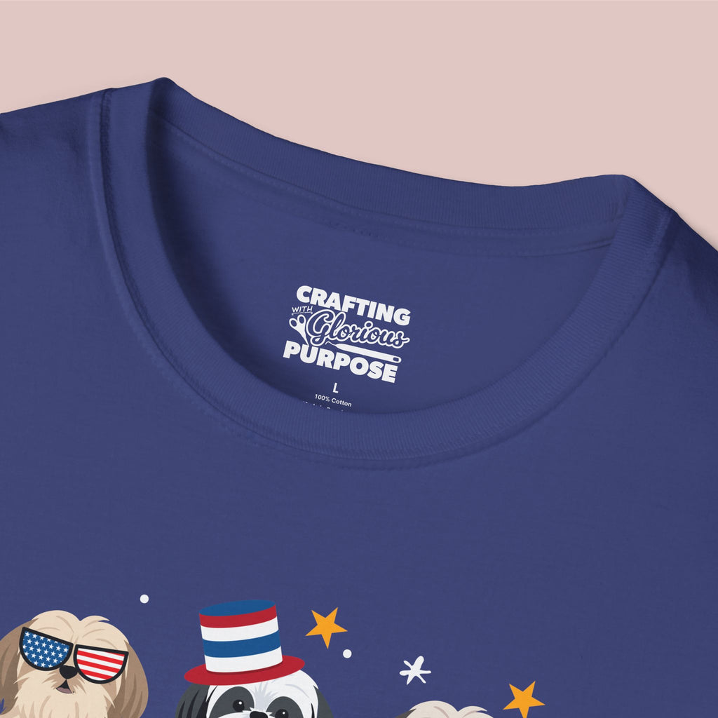 Shih Tzu Patriotic Dog Trio T-Shirt — 'Red, White & Woof' Cute America Graphic Tee