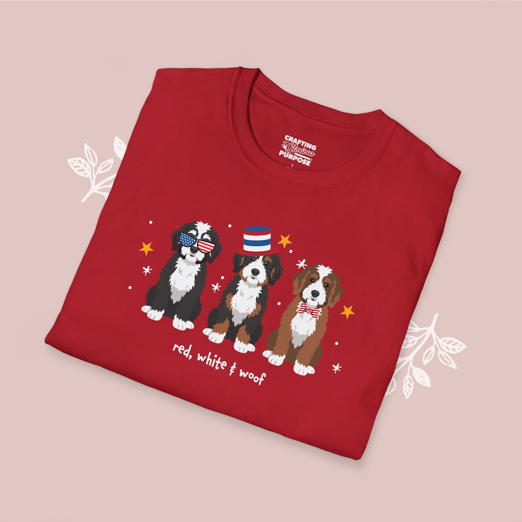 Bernedoodle Patriotic Dog Trio T-Shirt — 'Red, White & Woof' Cute America Graphic Tee