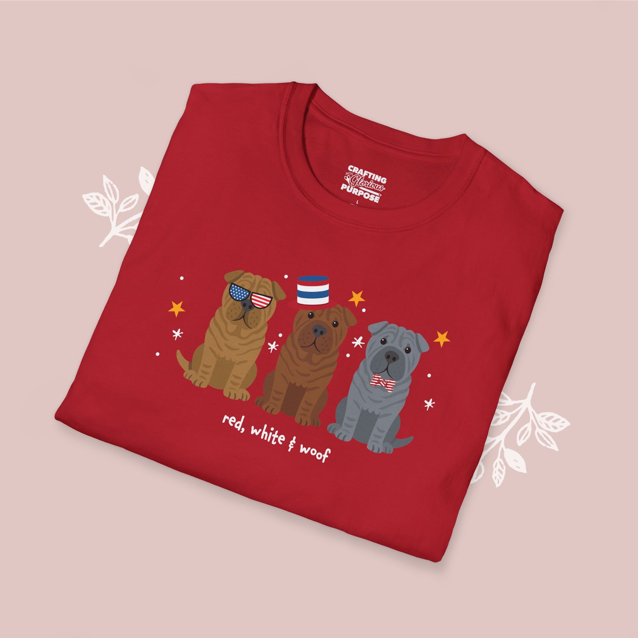 Shar Pei Patriotic Dog Trio T-Shirt — 'Red, White & Woof' Cute America Graphic Tee