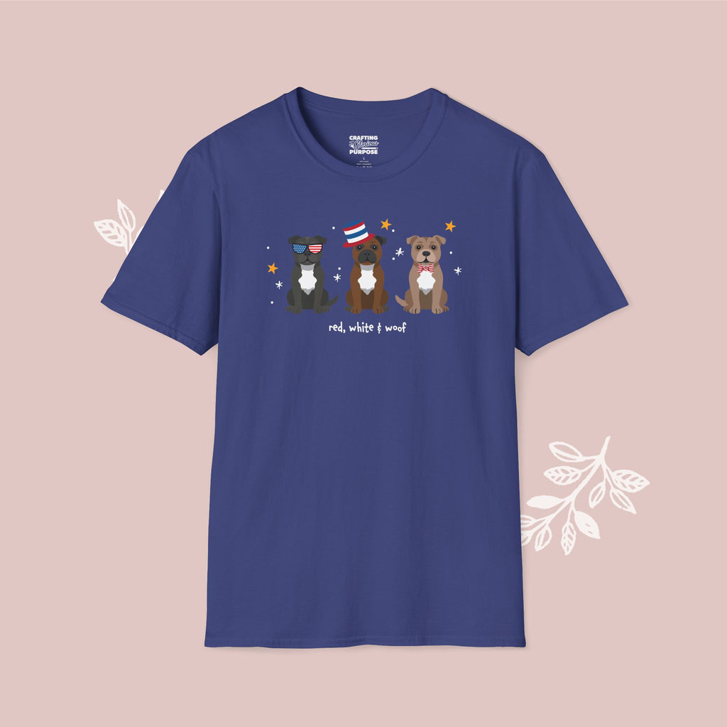 Staffordshire Bull Terrier Patriotic Dog Trio T-Shirt — 'Red, White & Woof' Cute America Graphic Tee