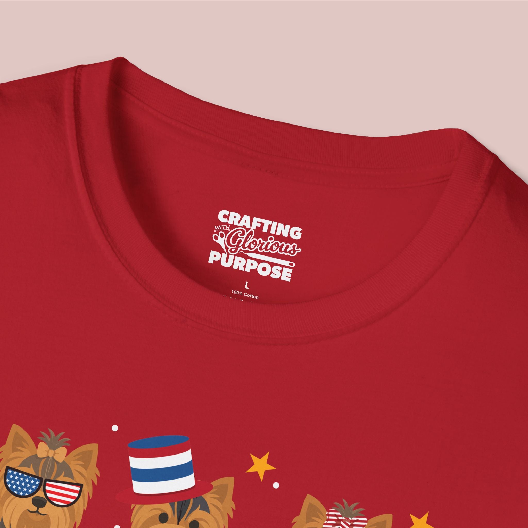 Yorkshire Terrier Patriotic Dog Trio T-Shirt — 'Red, White & Woof' Cute America Graphic Tee