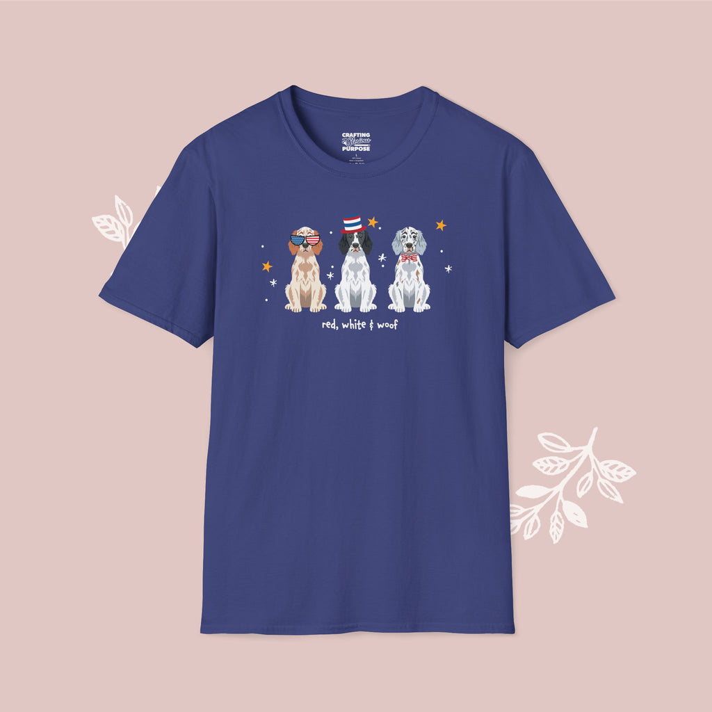 English Setter Patriotic Dog Trio T-Shirt — 'Red, White & Woof' Cute America Graphic Tee
