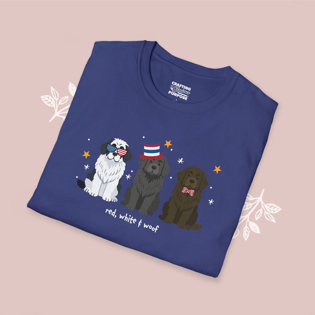 Newfoundland Patriotic Dog Trio T-Shirt — 'Red, White & Woof' Cute America Graphic Tee