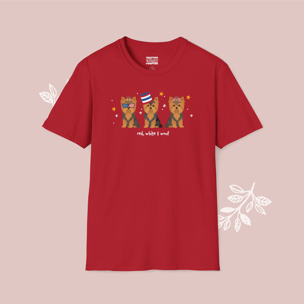 Yorkshire Terrier Patriotic Dog Trio T-Shirt — 'Red, White & Woof' Cute America Graphic Tee