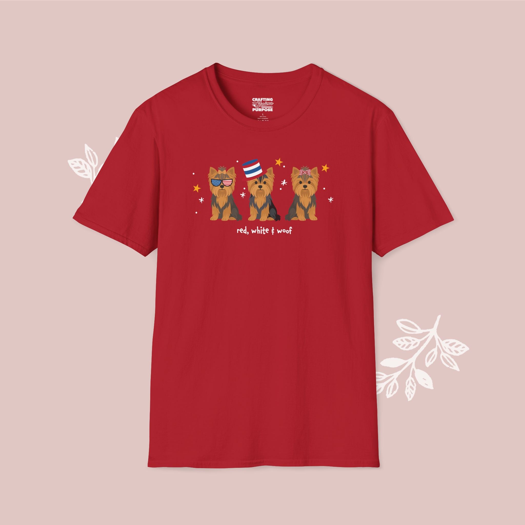 Yorkshire Terrier Patriotic Dog Trio T-Shirt — 'Red, White & Woof' Cute America Graphic Tee