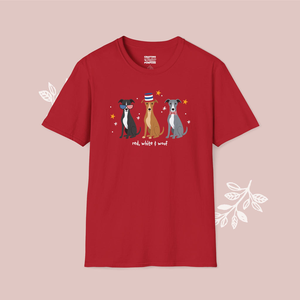Greyhound Patriotic Dog Trio T-Shirt — 'Red, White & Woof' Cute America Graphic Tee