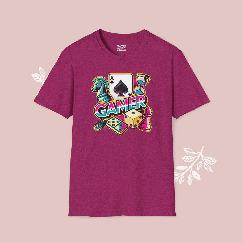 Gamer Board Game Graphic T-Shirt — Retro Dice, Cards & Chess Pieces Design
