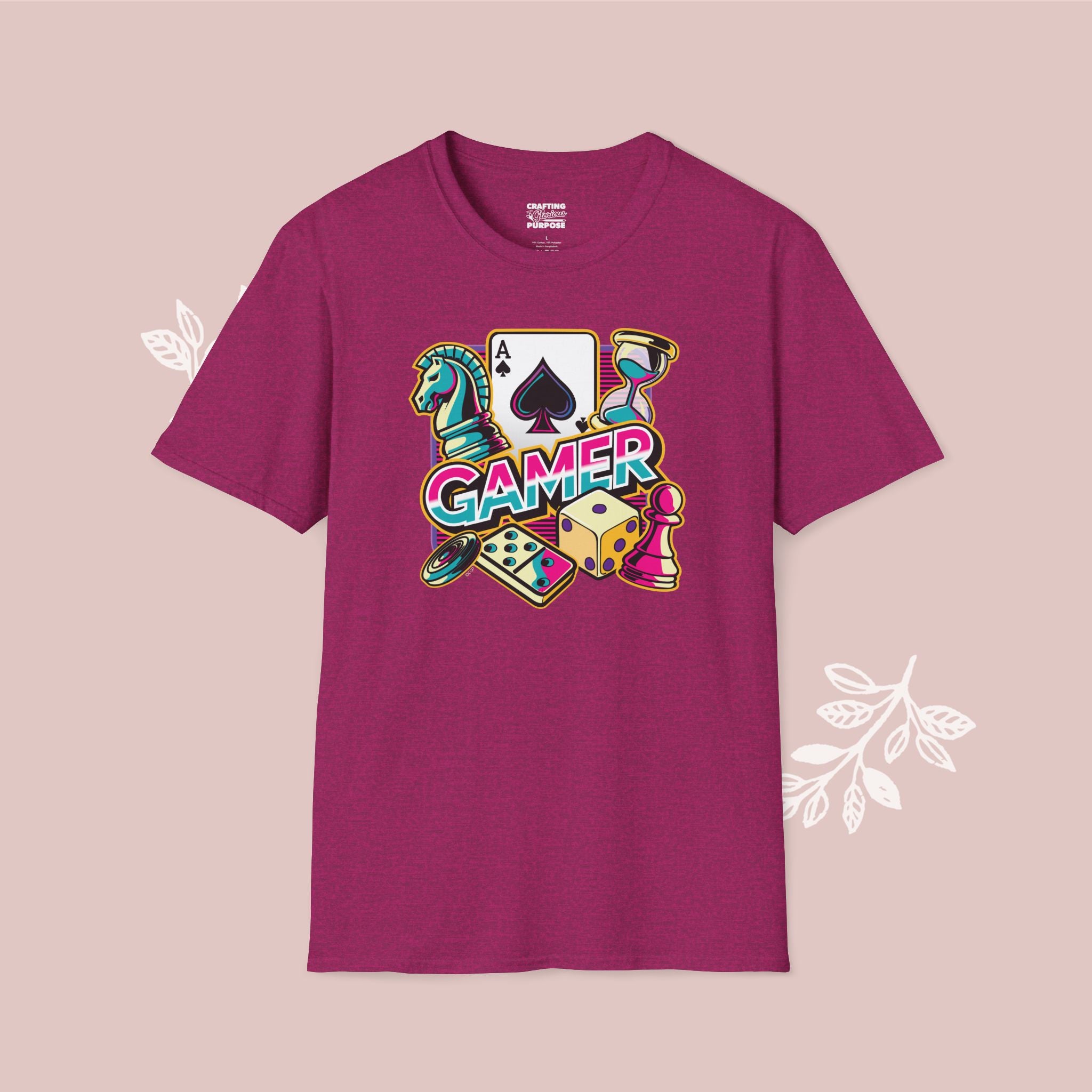 Gamer Board Game Graphic T-Shirt — Retro Dice, Cards & Chess Pieces Design