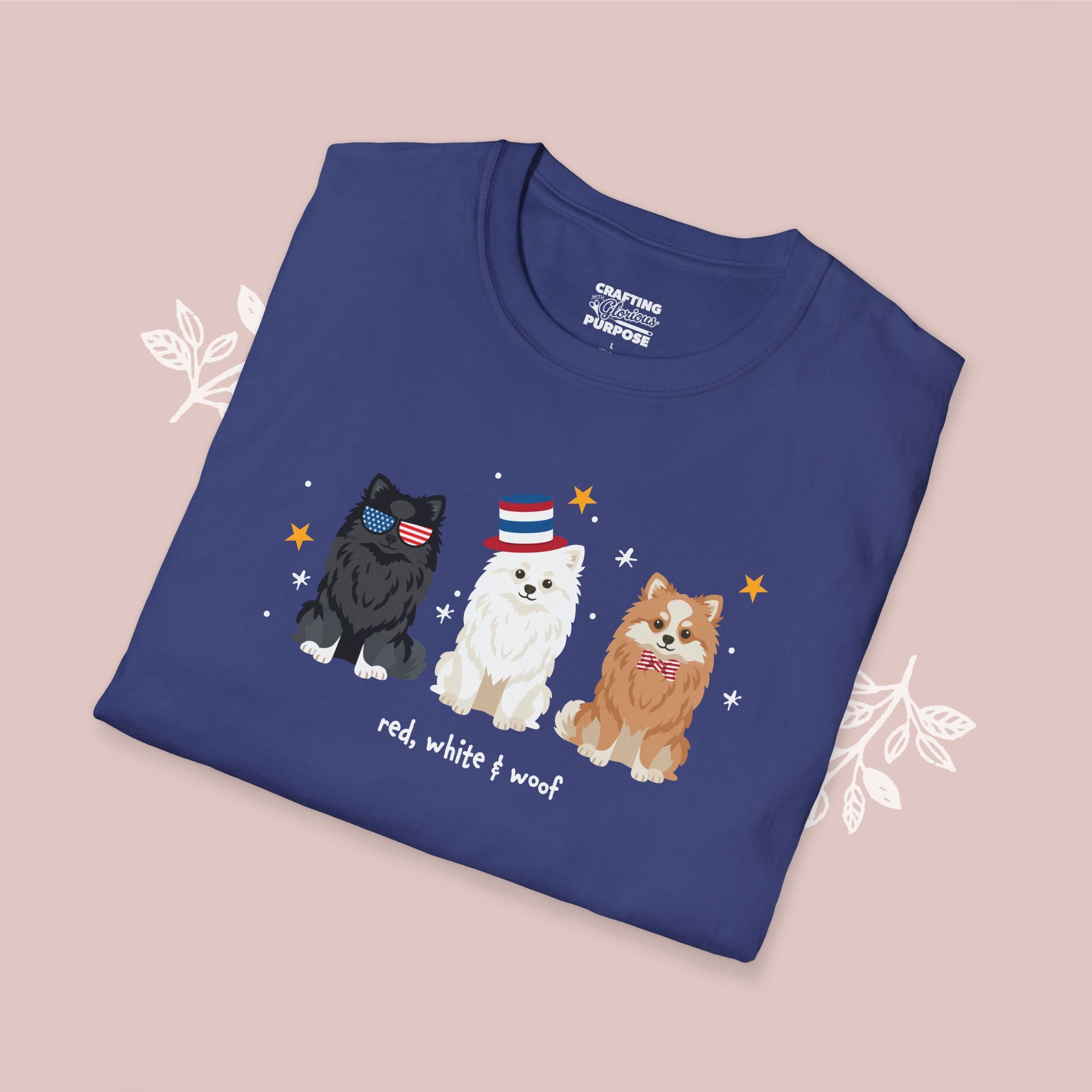 Pomeranian Patriotic Dog Trio T-Shirt — 'Red, White & Woof' Cute America Graphic Tee