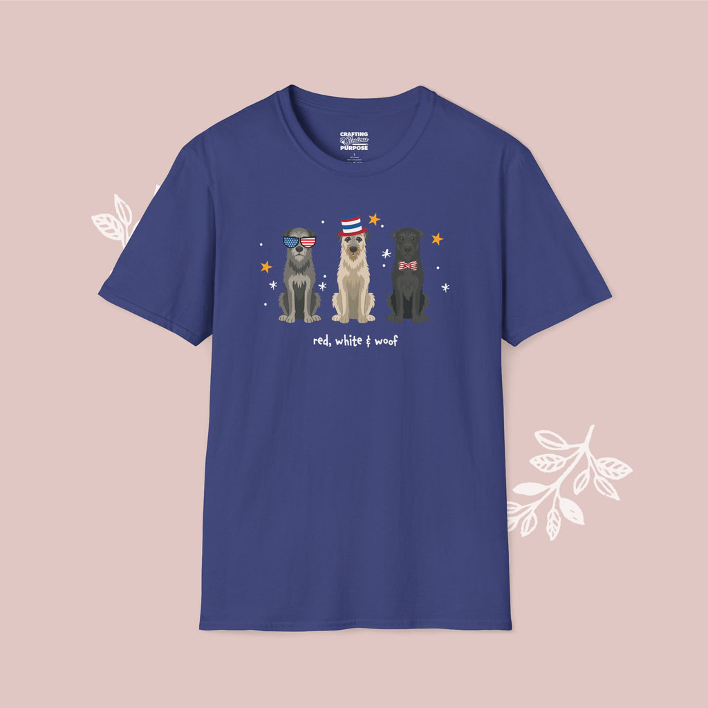 Irish Wolfhound Patriotic Dog Trio T-Shirt — 'Red, White & Woof' Cute America Graphic Tee