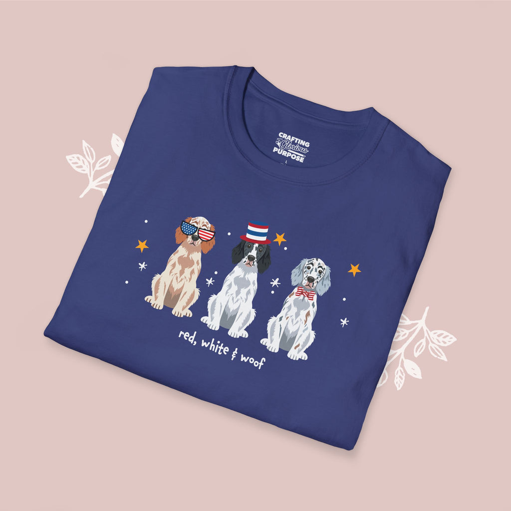English Setter Patriotic Dog Trio T-Shirt — 'Red, White & Woof' Cute America Graphic Tee