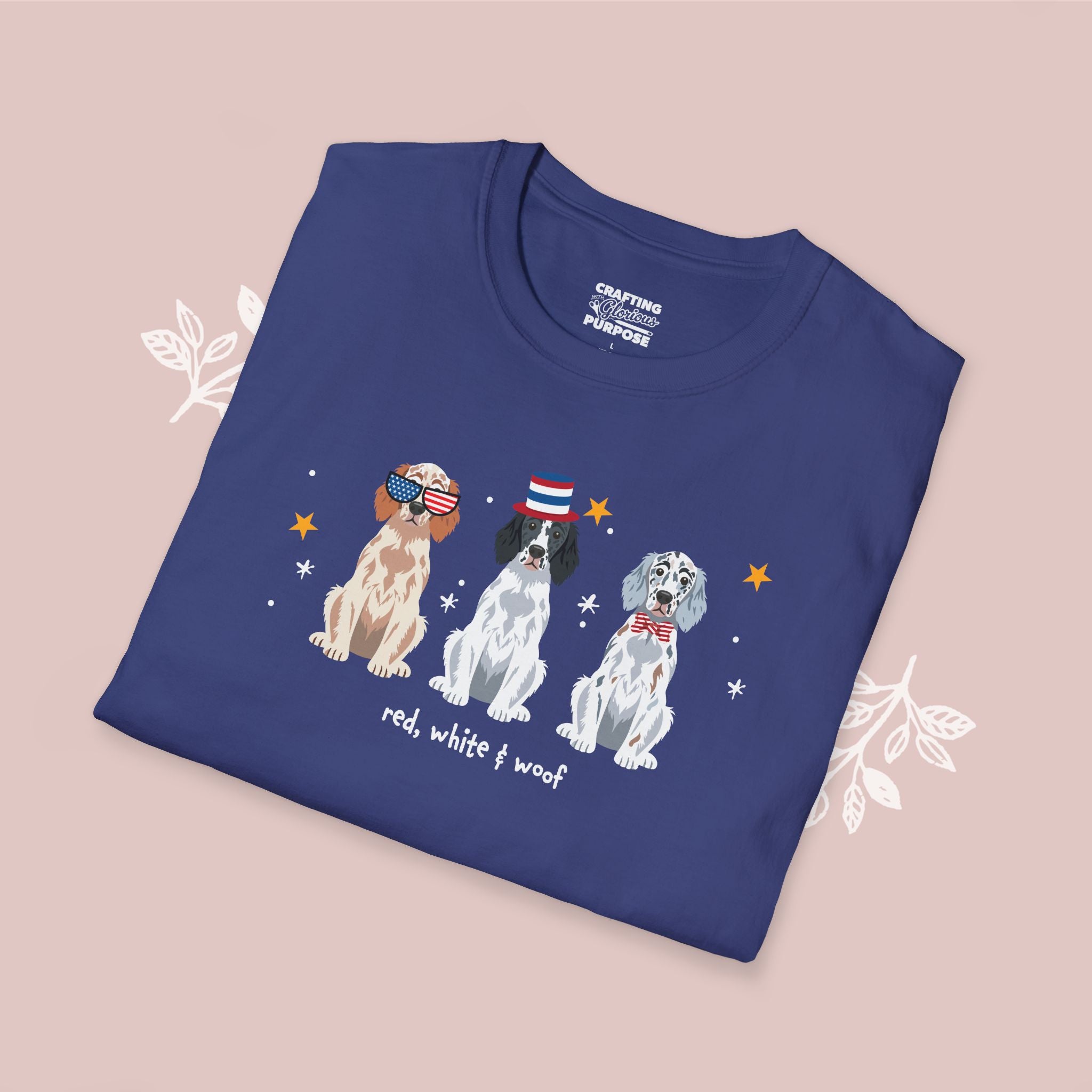 English Setter Patriotic Dog Trio T-Shirt — 'Red, White & Woof' Cute America Graphic Tee