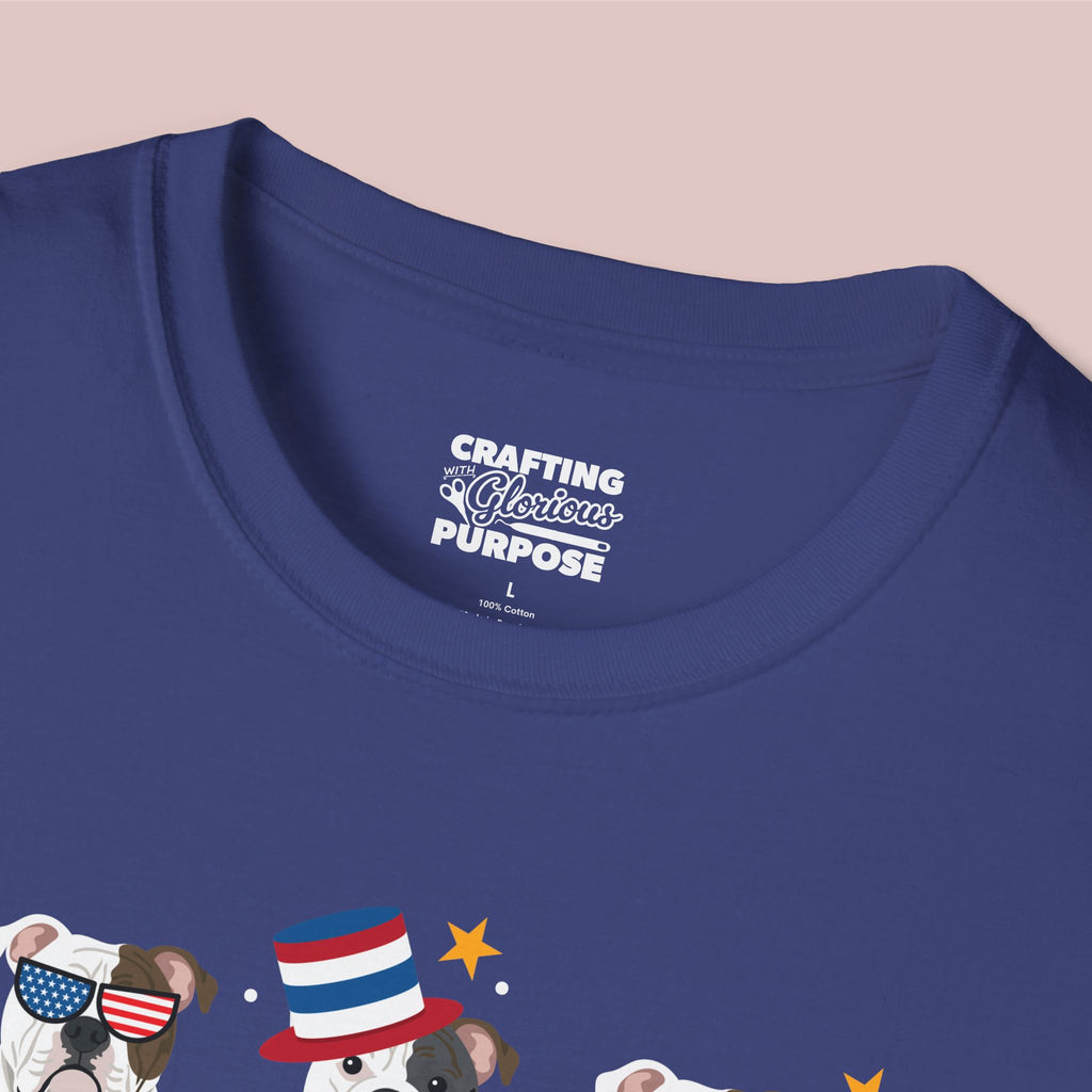 American Bulldog Patriotic Dog Trio T-Shirt — 'Red, White & Woof' Cute America Graphic Tee