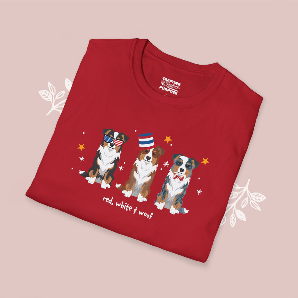 Mini Aussie Patriotic Dog Trio T-Shirt — 'Red, White & Woof' Cute America Graphic Tee