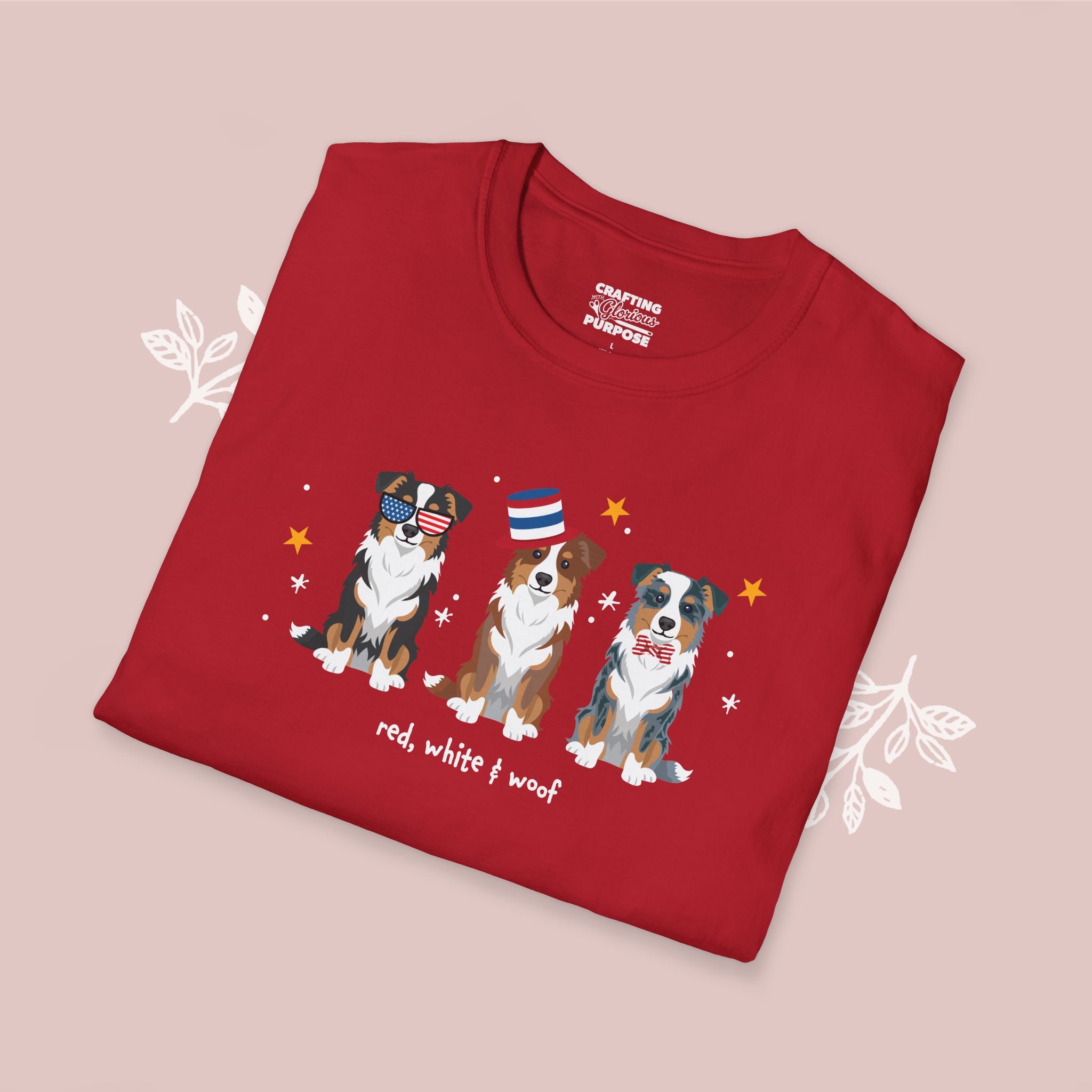 Mini Aussie Patriotic Dog Trio T-Shirt — 'Red, White & Woof' Cute America Graphic Tee