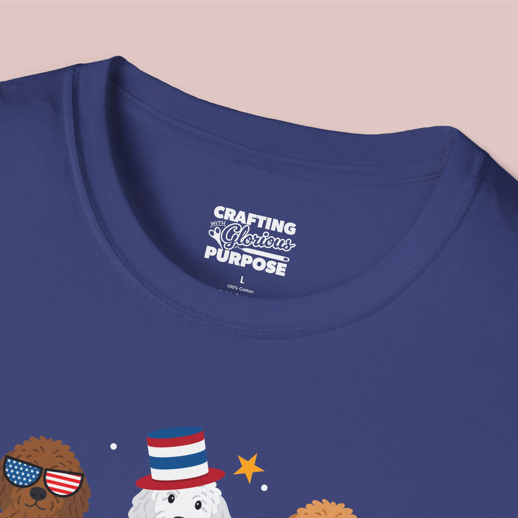 Goldendoodle Patriotic Dog Trio T-Shirt — 'Red, White & Woof' Cute America Graphic Tee