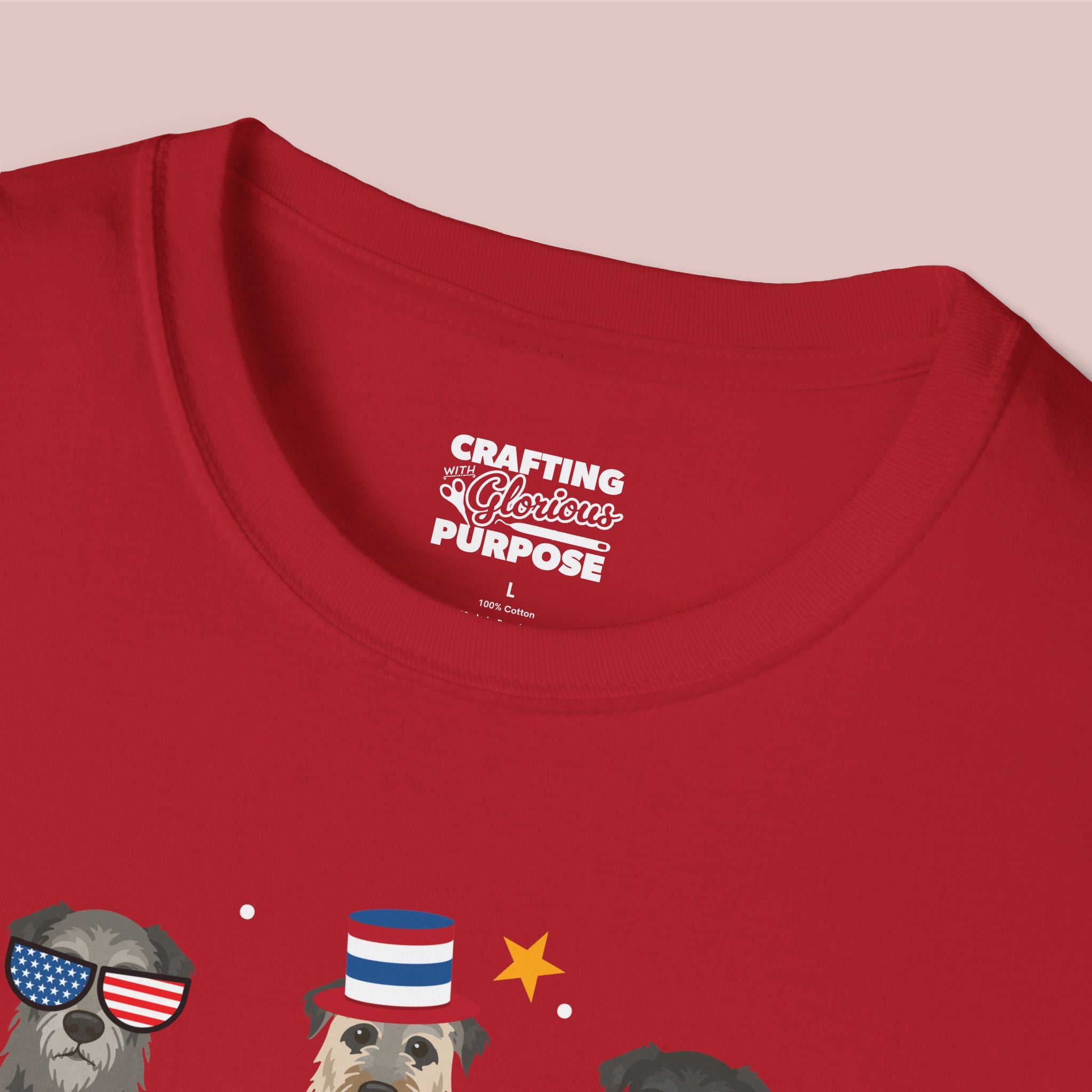 Irish Wolfhound Patriotic Dog Trio T-Shirt — 'Red, White & Woof' Cute America Graphic Tee