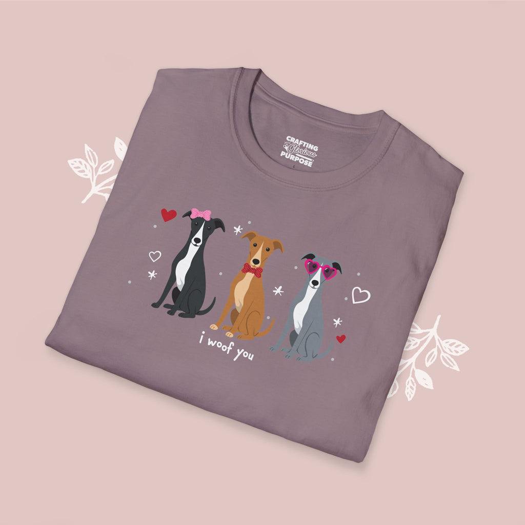 I Woof You Cute Greyhound Trio Dog Tee — Valentine's T-Shirt