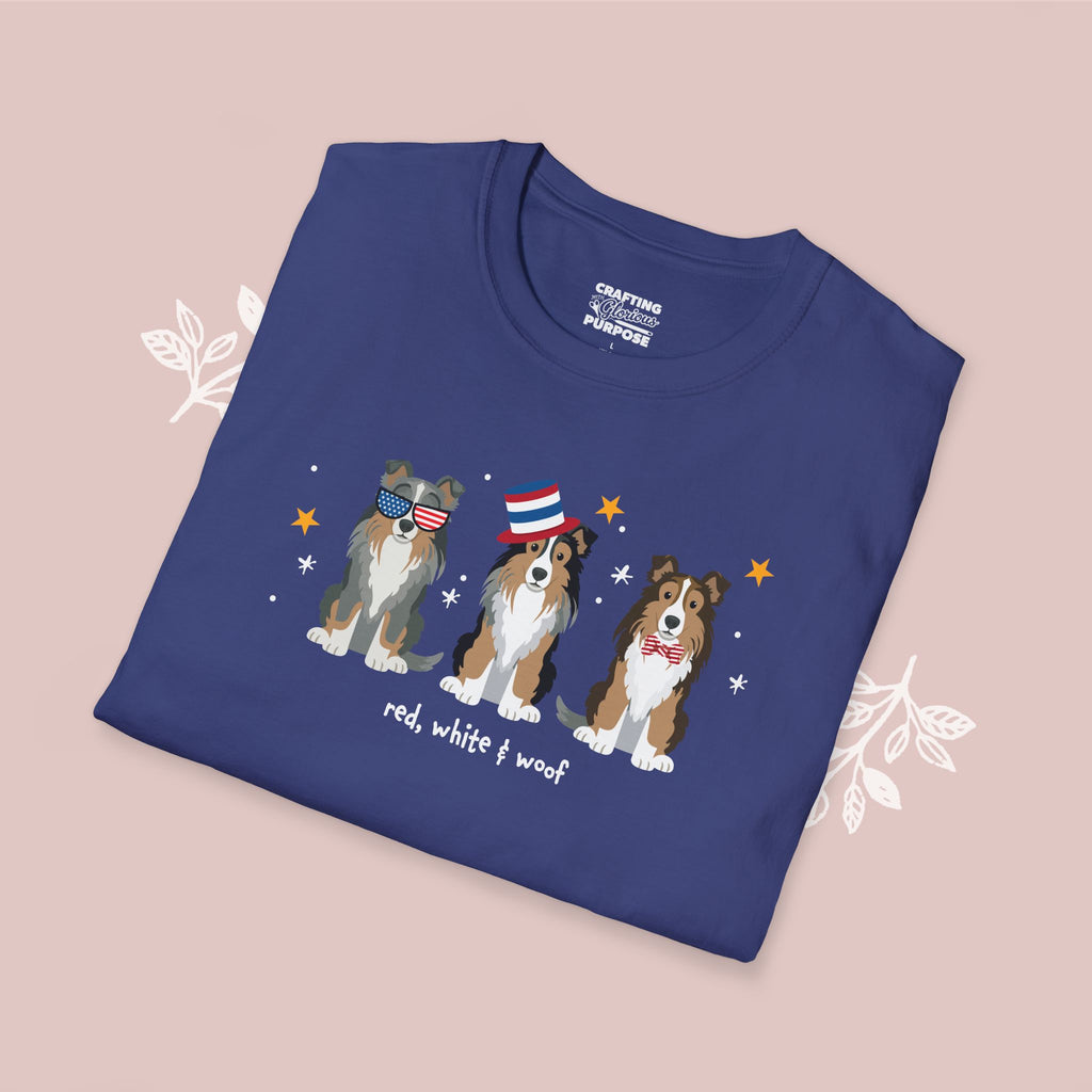 Shetland Sheepdog Patriotic Dog Trio T-Shirt — 'Red, White & Woof' Cute America Graphic Tee